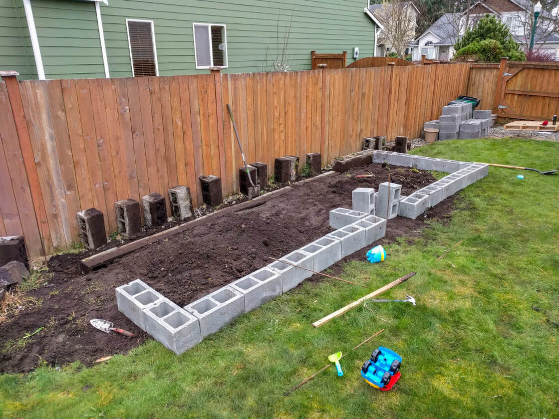 Cinder blocks placed on garden area